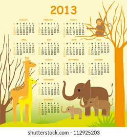 Colorful Vector Calendar 2013 for Children with Giraffes, Elephants and a Monkey