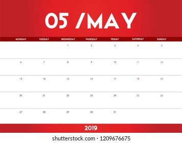 Colorful Vector Calendar 2019 Starts on Monday, Weekly Planner by Month