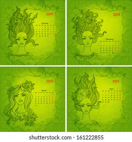 Colorful vector calendars for 2014 year. Beautiful girls series. Part 1