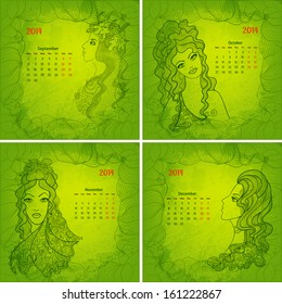 Colorful vector calendars for 2014 year. Beautiful girls series. Part 3