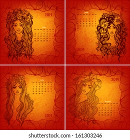 Colorful vector calendars for 2014 year. Beautiful girls series. Part 2 (May, June, July, August)