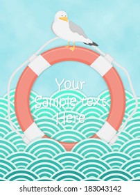 Colorful vector card with lifebuoy and seagull, with place for Your text 