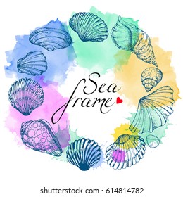 Colorful vector card with sea shells. Hand drawn vintage sketch elements of engraving. Nautical watercolor background. Round frame.