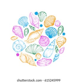 Colorful vector card with colorful sea shells. Hand drawn vintage sketch elements of engraving. Nautical background. Round template.