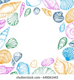 Colorful vector card with sea shells. Hand drawn vintage sketch elements of engraving. Nautical background. Frame.