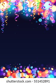 Colorful vector carnival party poster with shining bokeh effect and serpentine background