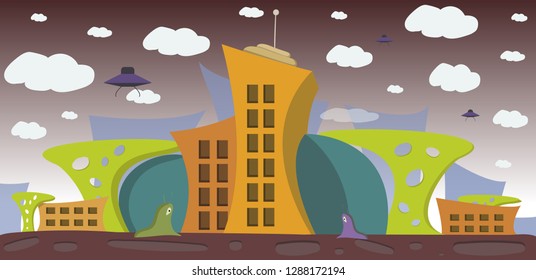 colorful vector cartoon alien city with extraterrestral inhabitants