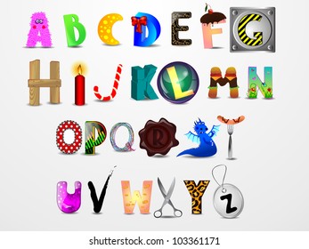 Colorful vector cartoon font. Different design letters