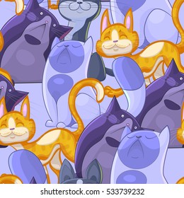 Colorful vector cartoon funny seamless pattern with cute cats