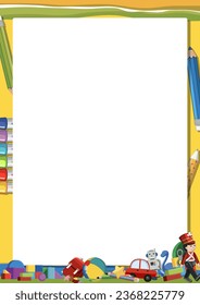 Colorful vector cartoon illustration of children's toys on a frame border