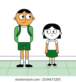 Ilustração em quadrinhos com vetor colorido retratando um garoto irritado em uniforme branco com uma gravata verde, segurando uma mochila e mostrando um punho cerrado com uma expressão determinada.