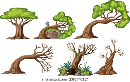 Colorful vector cartoon illustration of fantasy trees on a white background