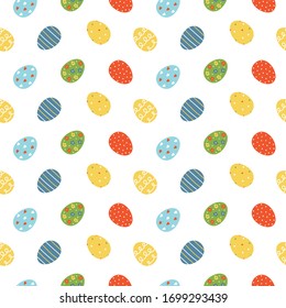 Huevos de Pascua coloridos de estilo vectorial con diferentes adornos de fondo de patrón sin fisuras.
