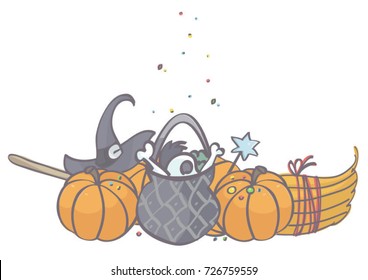 Colorful vector cartoon of witch pot with pumpkins, hat and broom for Halloween