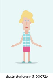 Colorful vector character, blond lady, wearing blue and pink dress with flowers.