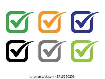 Icono colorido de la marca de verificación del Vector fijado en cajas cuadradas con diversos trazos coloreados, verde de la garrapata aislado en un fondo blanco.