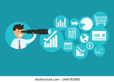 Colorful vector of cheerful man using spyglass and looking at icons of management and daily work on blue background 
