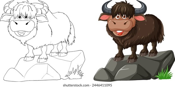 Colorful vector of a cheerful yak standing on a rock