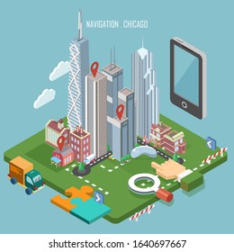 Colorful vector Chicago city in isometry. Navigation concept