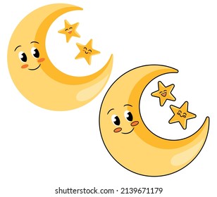 Ilustración infantil de vector colorida lista para imprimir: pegatinas de pared de la luna y las estrellas