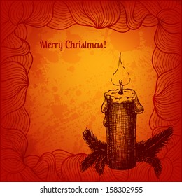 Colorful vector Christmas card with hand drawn candle and fir tree needles