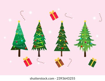 Colorful vector christmas tree illustration in flat cartoon style