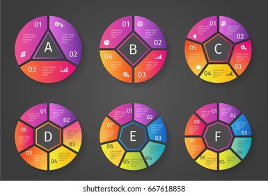 Colorful Vector circle arrows for infographic on dark backround. Template for cycling diagram, graph, presentation and round chart. Business concept with 3 4 5 6 7 8 options, parts, steps or processes