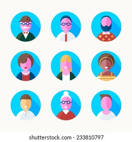 Colorful vector circle flat icon set and illustration different people character with long shadow