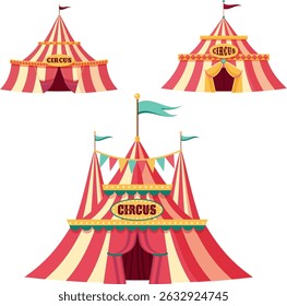Colorful vector circus tents set. Carnival festival marquees with flags and banners. Bright cartoon illustration on white background. Perfect for posters, invitations, and games