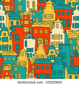 Colorful vector city seamless pattern. City background.