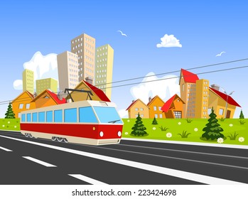 Colorful Vector City With Streetcar