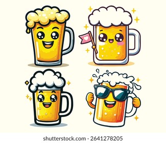 Colorful vector of a classic beer mug filled with golden beer and white foam, cartoon style, isolated on white background. Perfect for party, pub, or beer festival design