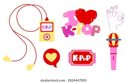 Colorful vector clip art set featuring K-Pop concert accessories including a lightstick, music player with earphones, concert ticket, and fan typography. Great for merch and decor.