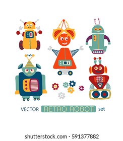 Colorful vector clipart set with cute retro robots