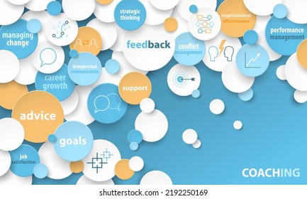 Colorful vector COACHING business concept with icons and symbols on dark blue background