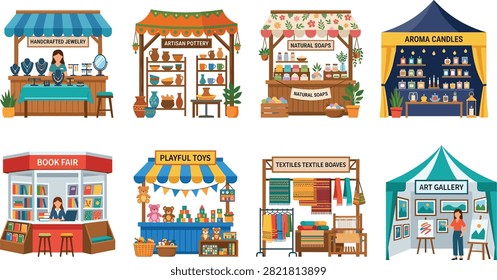 A colorful vector collection of artisan market stalls and bazaar booths selling handmade crafts, ceramics, books, toys, and artwork. Ideal for street fair event promotions, local business graphics, festival banners, and retail marketplace illustrations.A colorful vector collection of artisan market stalls and bazaar booths selling handmade crafts, ceramics, books, toys, and artwork. Ideal for street fair event promotions, local business graphics, festival banners, and retail marketplace illustrations.