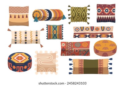 Colorful Vector Collection Of Eastern-style Pillows And Floor Cushions With Intricate Patterns And Designs