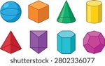 Colorful vector collection featuring common 3D geometric shapes including a sphere, cube, cone, cylinder, prism, pyramid, and polyhedrons. Ideal for mathematics education, STEM learning, infographics, presentations, educational materials, and graphic design projects.