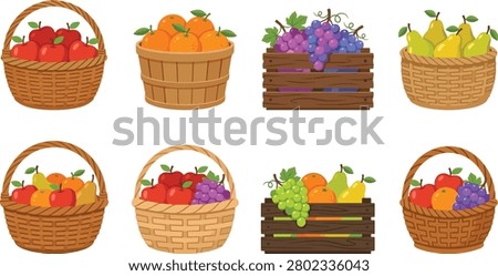 Colorful vector collection featuring fruit baskets and wooden crates filled with fresh apples, oranges, grapes, pears, and mixed produce. Perfect for grocery stores, farmers markets, healthy food promotions, agriculture, packaging, and seasonal design projects.
