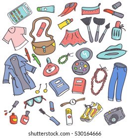 Colorful Vector Collection Of Female Shopping Items. Background With Cosmetics, Clothes And Accessories For Women.