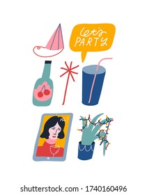 Colorful vector collection of illustrations on the theme of party, birthday, celebration. Depiction of festive cap, plant with garland, speech bubble with lettering. Decorative element.