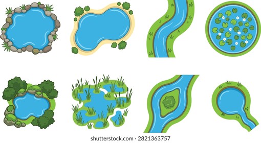 Colorful vector collection of natural water landscapes featuring rocky ponds, sandy lakes, winding rivers, wetlands, lily pads, forest pools, and small islands. Ideal for maps, landscape design, educational materials, game environments, and environmental infographics.
