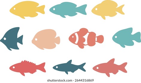 Colorful vector collection of ocean fish in tropical and marine cartoon style, great for underwater or educational design themes.