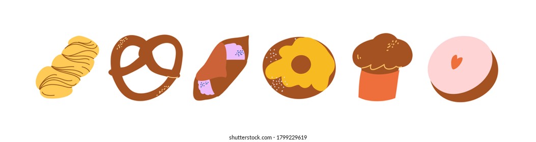 Colorful vector collection of pastry. Confectionery. Donut, cupcake. Sweet and tasty food.