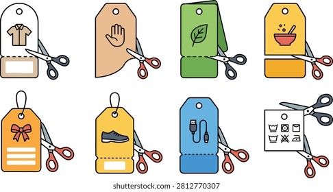 Colorful vector collection of perforated product tags with scissors and category icons for clothing, gifts, footwear, food, electronics, and eco products. Suitable for retail packaging, price labels, inventory systems, sales promotions, and merchandise design.