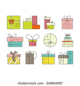 Colorful vector collection of vector presents. Gift boxes with bows, groups of gifts. Holiday or happy birthday card design elements.