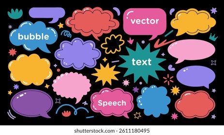 Colorful vector collection of speech bubbles and text elements in various shapes including clouds, stars, and ovals on a black background, ideal for comics, messages, and graphic design