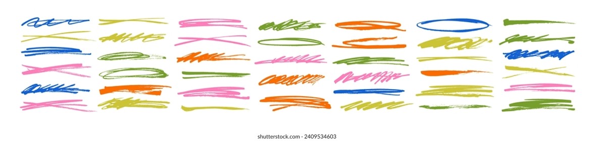 Colorful vector collection of various underlines, strike throughs, ovals and crossed lines. Childish style doodle lines, sketch elements for hand drawn diagrams and social media. Rough scribbles.