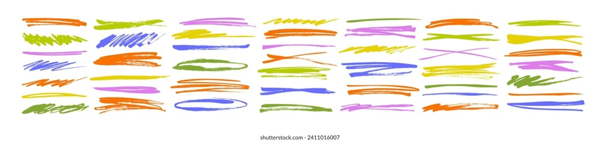 Colorful vector collection of various underlines, strike throughs, ovals and crossed lines. Childish style doodle lines, sketch elements for hand drawn diagrams and social media. Rough scribbles.