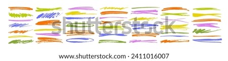 Colorful vector collection of various underlines, strike throughs, ovals and crossed lines. Childish style doodle lines, sketch elements for hand drawn diagrams and social media. Rough scribbles.